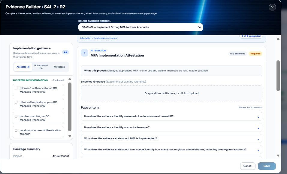 GoEvi Evidence Builder for a control, with implementation guidance, an attestation form and pass criteria to answer.