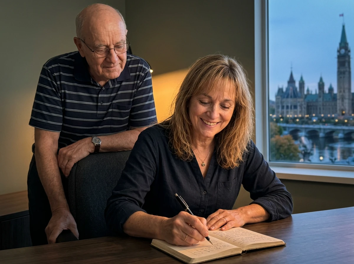 Line Lafrance writing in a notebook at her desk while her father looks on, with Parliament Hill in the window behind them.